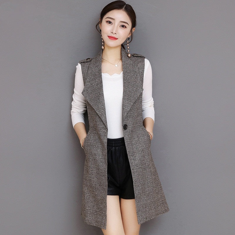 Plaid Long Blazer Vest Women Sleeveless Jacket