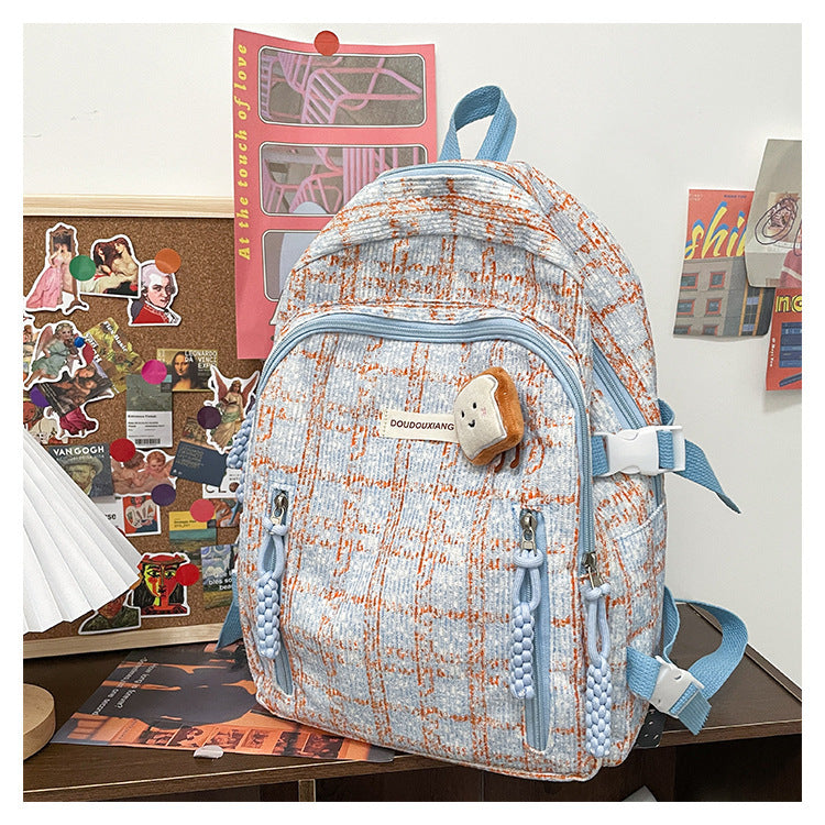 Casual Bag Special-interest Design Student Schoolbag Corduroy Plaid Large Capacity Travel Backpack