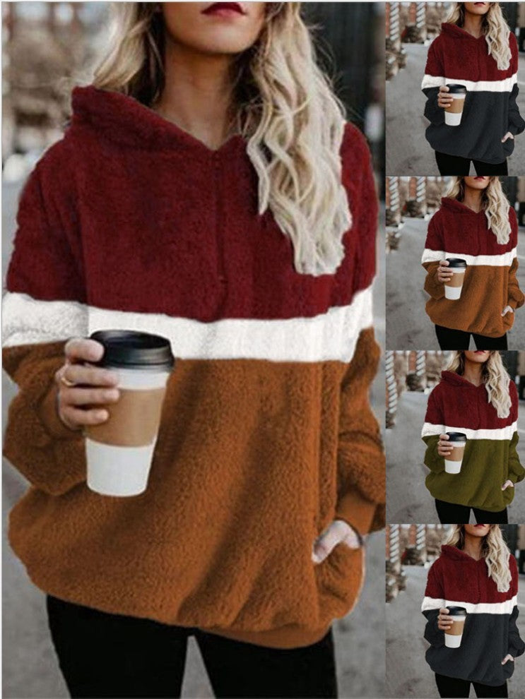 Three-color Stitching Fleece Hooded Sweater