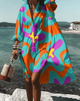 Women's Loose Digital Printing Long-sleeved Lapel Shirt Dress