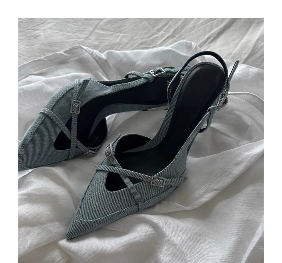 Pointed Stiletto Heel Denim High Heels Summer Niche Temperament Buckle