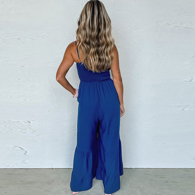 Women's Solid Color High Waist Strap Fitted Waist Jumpsuit