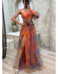 Mesh Tie-dye Off-shoulder Slit Dress