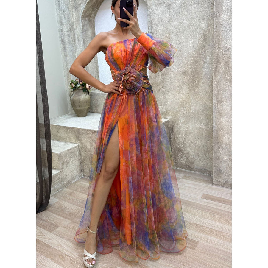 Mesh Tie-dye Off-shoulder Slit Dress