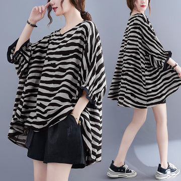 Summer Women's Loose Plus Size Striped Batwing Sleeve T-shirt