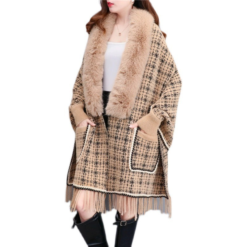 Autumn And Winter New Imitated Mink Cashmere Fur Collar Cape And Shawl Plus Size Tassel Knitted Cardigan