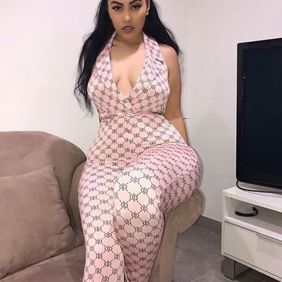 Printed sexy halter jumpsuit women