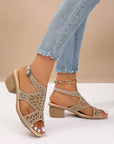 Summer Female Chunky Heel Rhinestone Hollow Out Peep-toe High-heeled Sandals