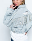 Ripped Rhinestone Denim Jacket Tassel Long Sleeve Denim Jacket