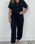 All-matching Solid Color Casual Polo Collar Shirt Wide Leg Jumpsuit For Women