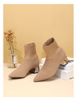 Women's Fashion High Heel Pointed Toe Chunky Heel Stretch Knitted Boots