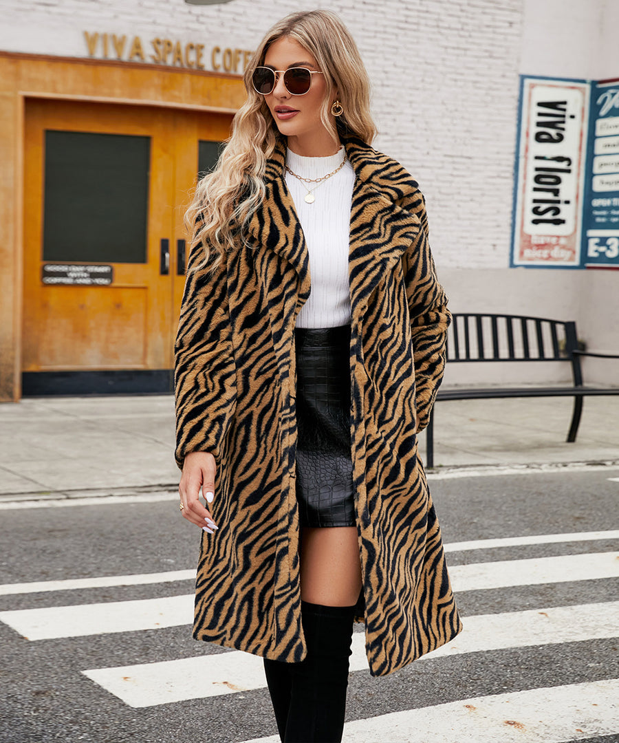 Zebra Pattern Artificial Leather Fur Coat