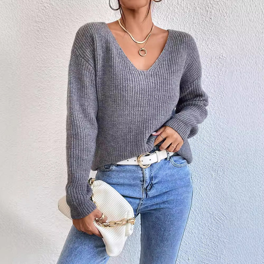 Lace Backless Hollow Out V-neck Pullover Long Sleeve Sweater