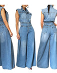 Leisure Washed-out Sleeveless Denim One-piece Wide-leg Pants Women