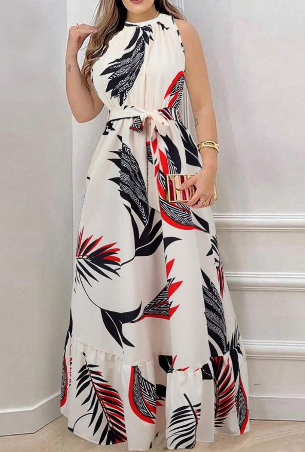 Women Plant Print Sleeveless Dress