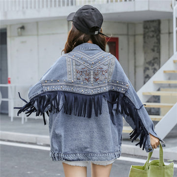 Embroidered denim jacket women loose net red tassel jacket