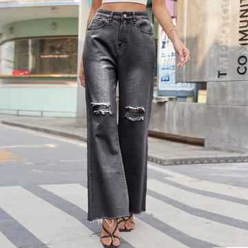 Denim Wide Leg Trousers Ripped Jeans