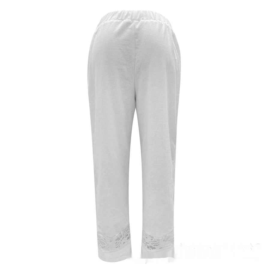 European And American Cotton And Linen Lace Stitching Button Elastic Waist Casual Pants