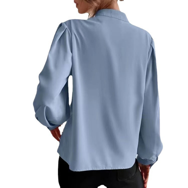 Commute Style Solid Color Round Neck Long Sleeve Single-breasted Women's Shirt