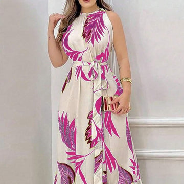 Women Plant Print Sleeveless Dress