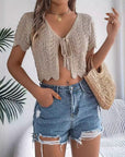 Lace-up Cutout Short-sleeved Knitted Cardigan