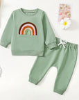 Children's Four-color Towel Embroidery Rainbow Long-sleeved Shirt Fake Drawstring Trousers Two-piece Set