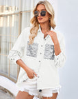 Fashion Loose Lapel Denim Shirt With Sequined Pockets Design Tops For Women