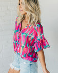 Women's Spring V-neck Chiffon Shirt Printed Short-sleeved Top