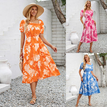 Summer Women's Casual Fashion Diagonal Collar Floral Print Fresh Dress