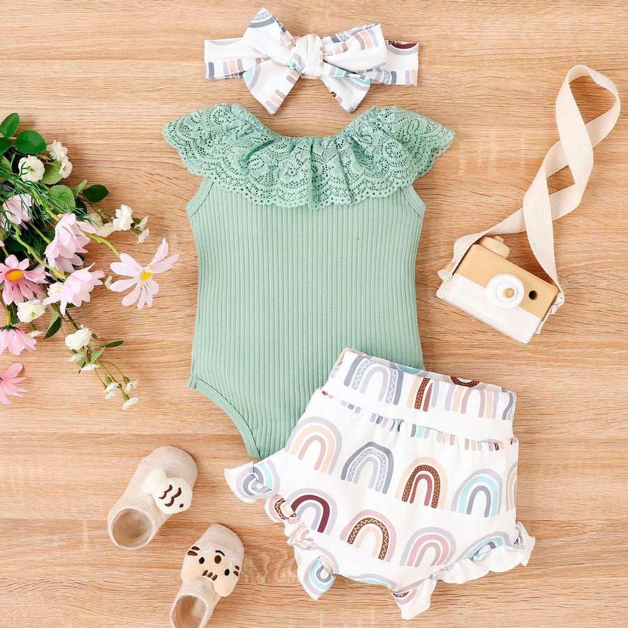 Solid Color Sleeveless Romper Printed Baby Bodysuit Lace Shorts Suit