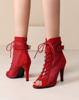 Stylish Peep Toe Hollow Mesh Cross Lace-up Buckle Dance High Heels