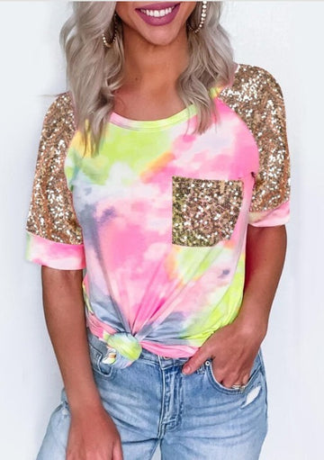 Tie-dye sequined short sleeve women