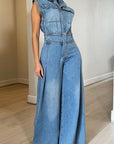 Leisure Washed-out Sleeveless Denim One-piece Wide-leg Pants Women