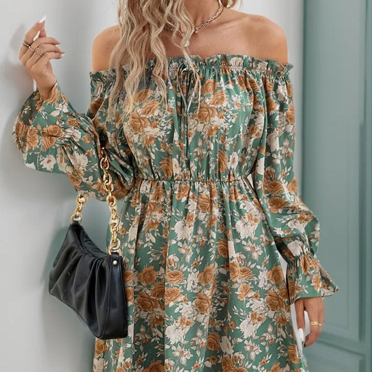 Season V-neck Women's Long-sleeved Printed Dress Off-shoulder Dress