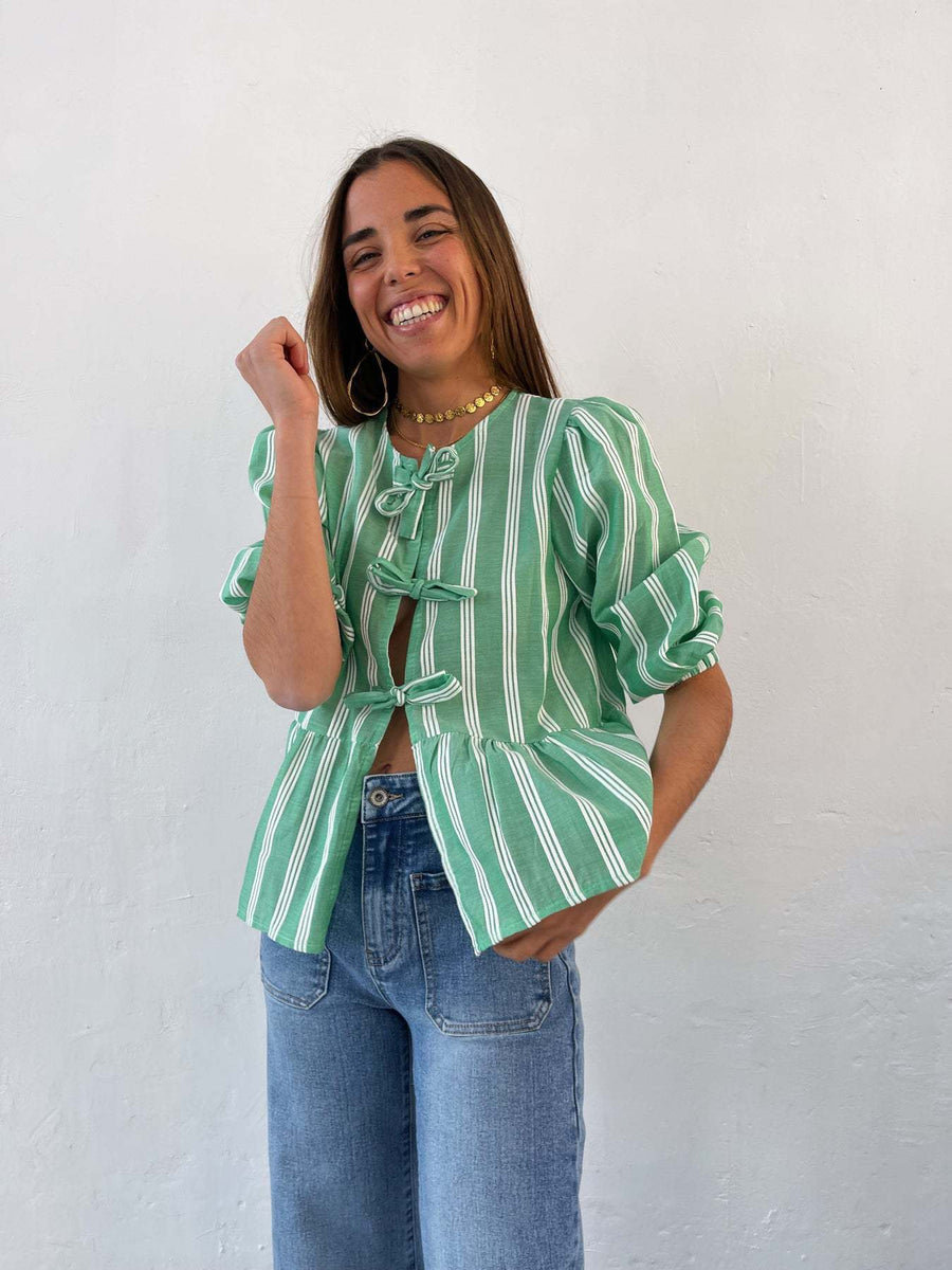 Striped Women's Top Tether Loose Pleated Shirt