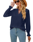 Solid Color Hollow-out Pleated Ruffle Shirts Sleeve V-neck Loose Long Sleeve Tops Women