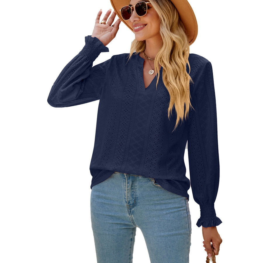 Solid Color Hollow-out Pleated Ruffle Shirts Sleeve V-neck Loose Long Sleeve Tops Women