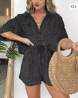 2pcs Loose Denim Suits Summer Casual Bat Sleeve Shirt And Drawstring Shorts With Pockets Women's Set