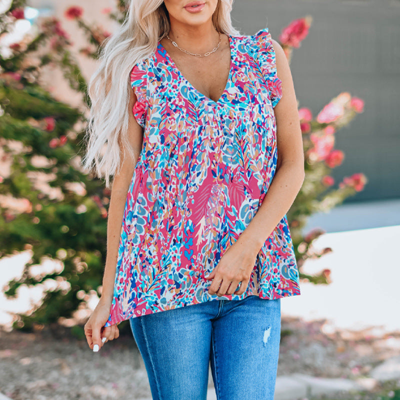 Summer New Floral Print Loose Sleeveless Top Women