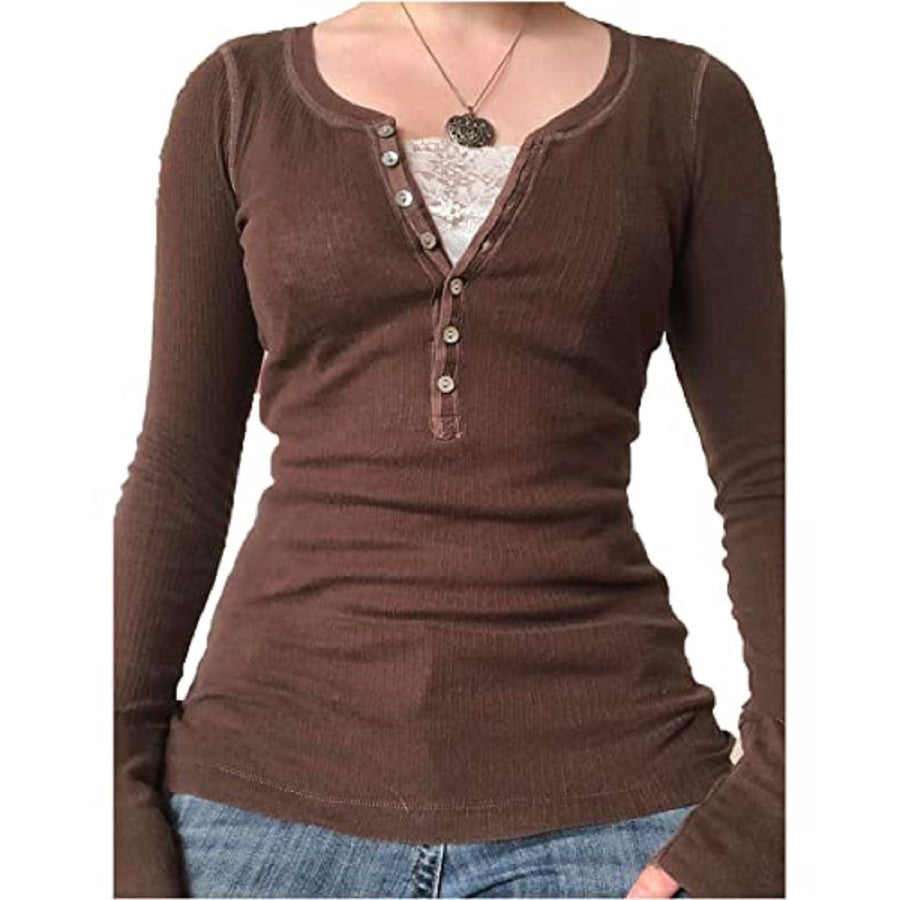 Button Pullover Long Sleeve Top Fake Two Pieces T-shirt