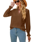 Solid Color Hollow-out Pleated Ruffle Shirts Sleeve V-neck Loose Long Sleeve Tops Women