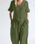 Women's Solid Color Pure Cotton And Linen Loose Strap Pocket Jumpsuit