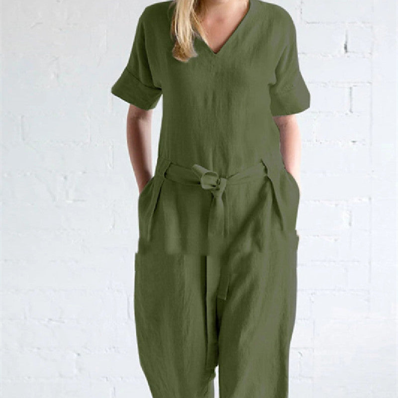 Women's Solid Color Pure Cotton And Linen Loose Strap Pocket Jumpsuit