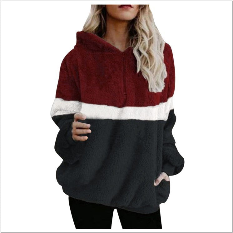 Three-color Stitching Fleece Hooded Sweater