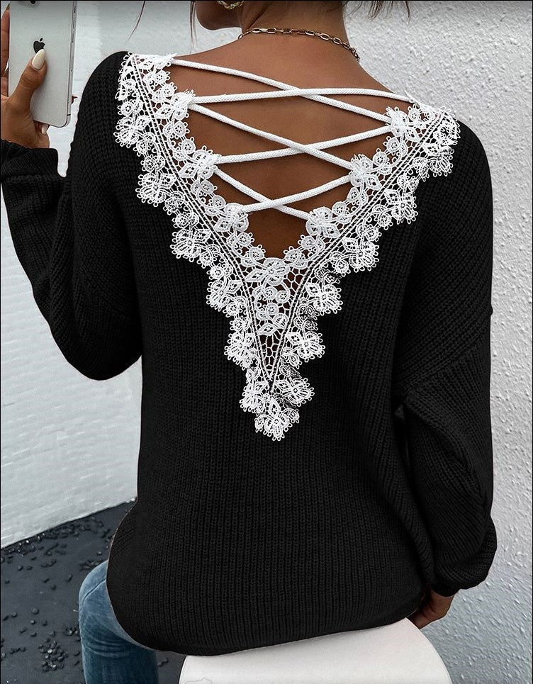 Lace Backless Hollow Out V-neck Pullover Long Sleeve Sweater