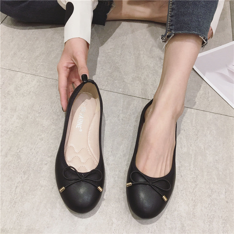 Round Toe Bowknot Low-cut Flat Bottom Pumps Women Shoes