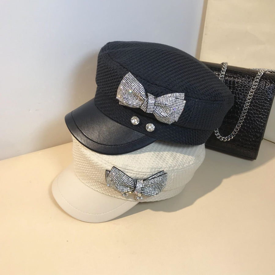 Splicing Socialite Flat Top Rhinestone Bow Navy Hat Female