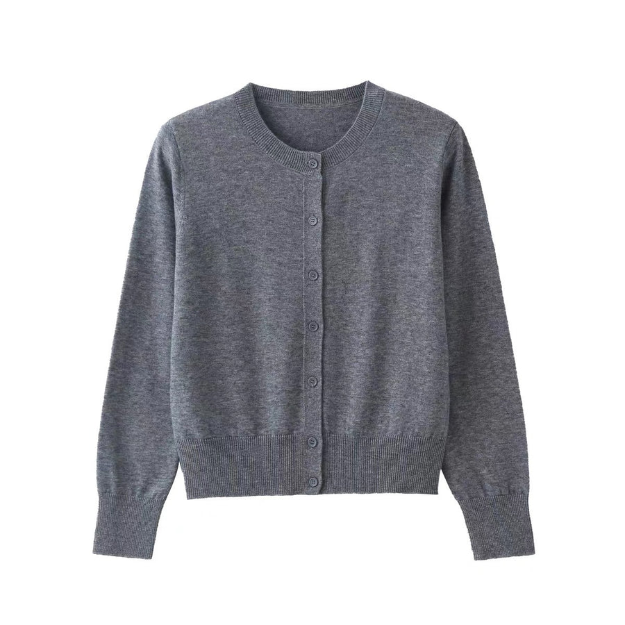 Women's Buckle Round Neck Long Sleeve Soft Knitted Sweater