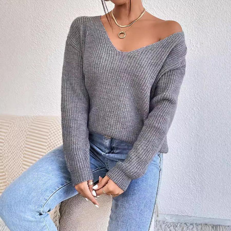 Lace Backless Hollow Out V-neck Pullover Long Sleeve Sweater