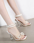 Pearl Bow Sandals For Women Summer Square Toe Thin High Heel Shoes